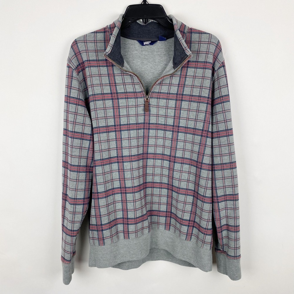 Lands End Mens‎ Plaid Quarter Zip Pullover Sweatshirt Size L Gray Red Blue